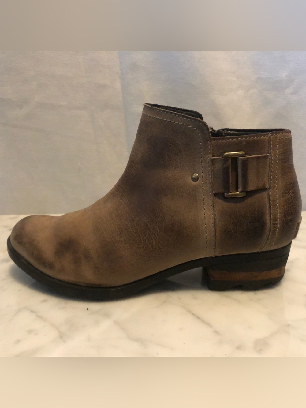 Sorel Taupe Leather Ankle Boot with Buckle Detail